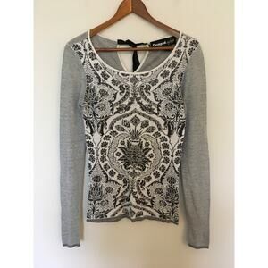 Desigual By Christian Lacroix Graphic Print Sweater Sz S Black White Gray Bow